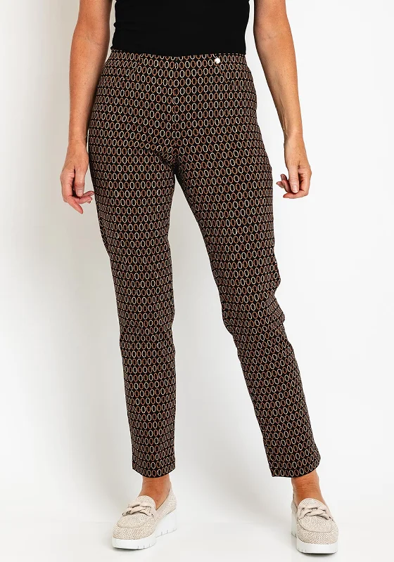 Robell Bella Full Length Slim Leg Print Trouser, Brown