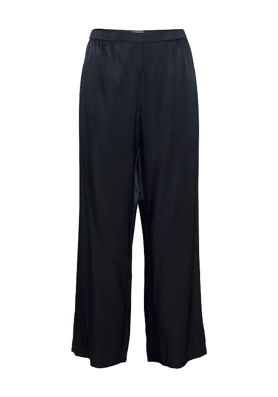 Ichi Satin Wide Leg Trousers, Total Eclipse