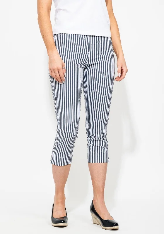 Robell Rose 07 Cropped & Striped Stretch Trouser, White & Navy