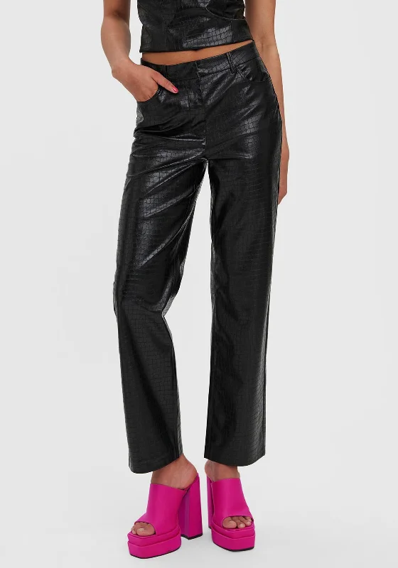 Vero Moda Dareen Faux Croc Straight Trousers, Black