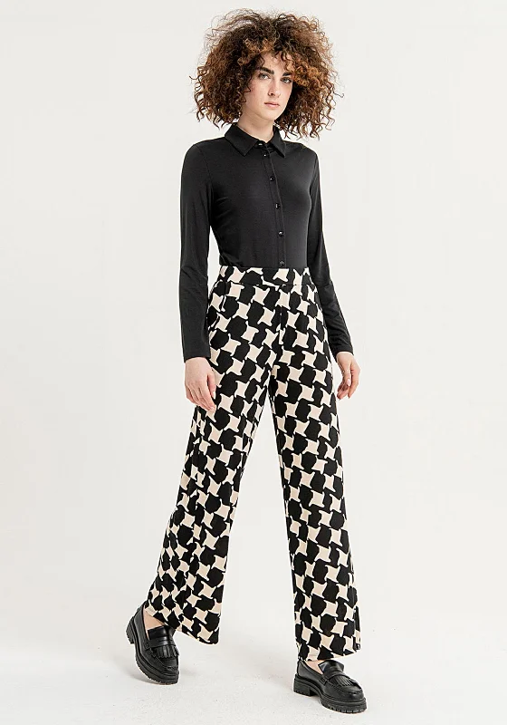 Surkana Houndstooth Print Wide Leg Trouser, Black & Beige