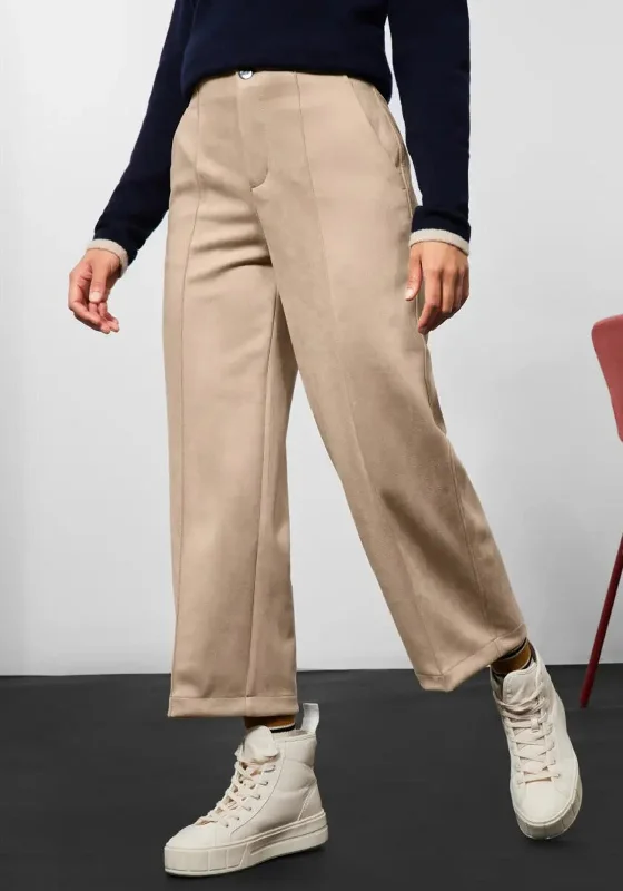 Street One Wide Leg Suede Trousers, Light Buff Sand