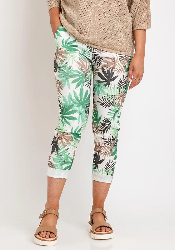 The Serafina Collection One Size Leaf Print Drawstring Trouser, Light Green