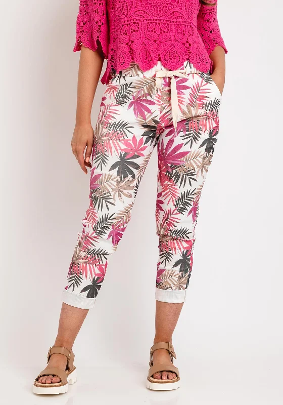 The Serafina Collection One Size Leaf Print Drawstring Trouser, Fuchsia