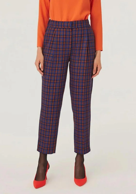 Exquise Tartan Slim Leg Trousers, Blue & Tan Multi