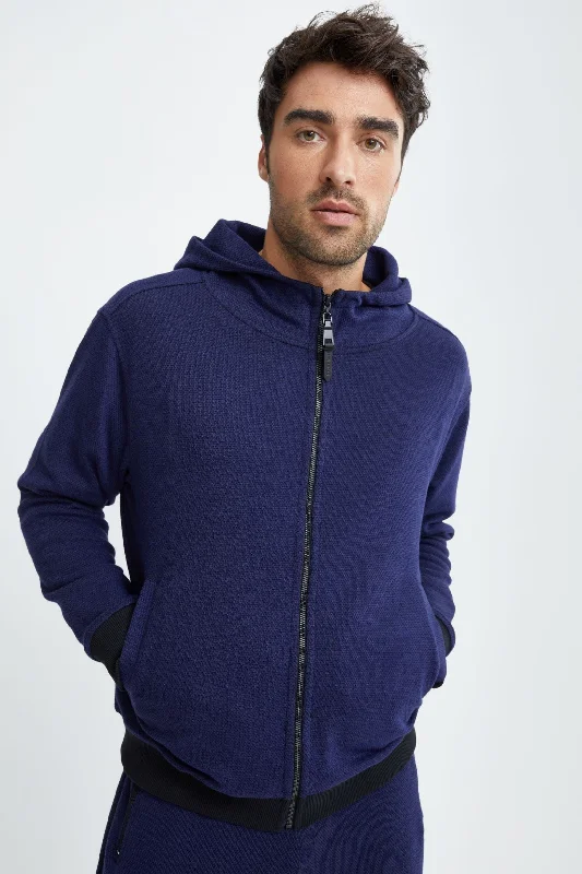 Black Blue Jacquard Knit Zip Front Hoodie