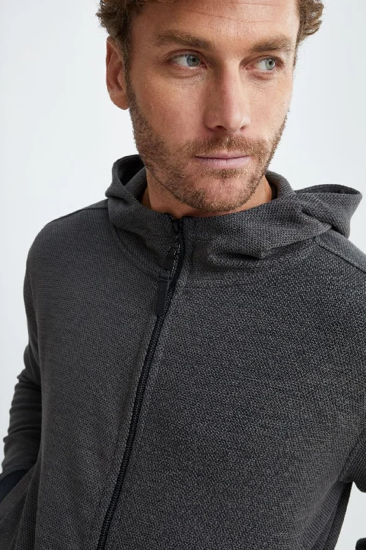 Black Jacquard Knit Zip Front Hoodie