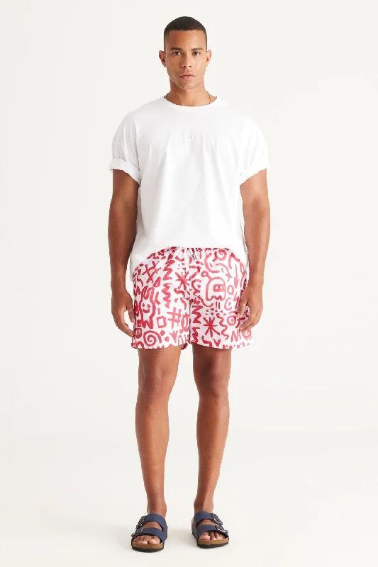 Men's White Red Standard Fit Regular Fit Side Pockets Patterned Swimwear Marine Shorts