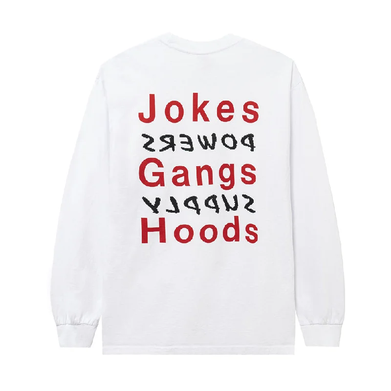 POWERS SUPPLY JOKES GANGS HOODS LS TEE // WHITE