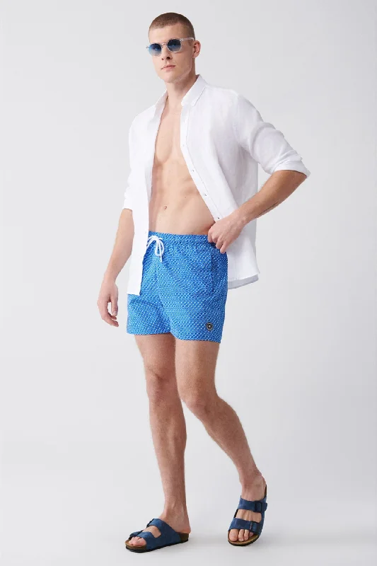 Men's White-Blue Quick Dry Printed Standard Size Swimwear Marine Shorts E003802