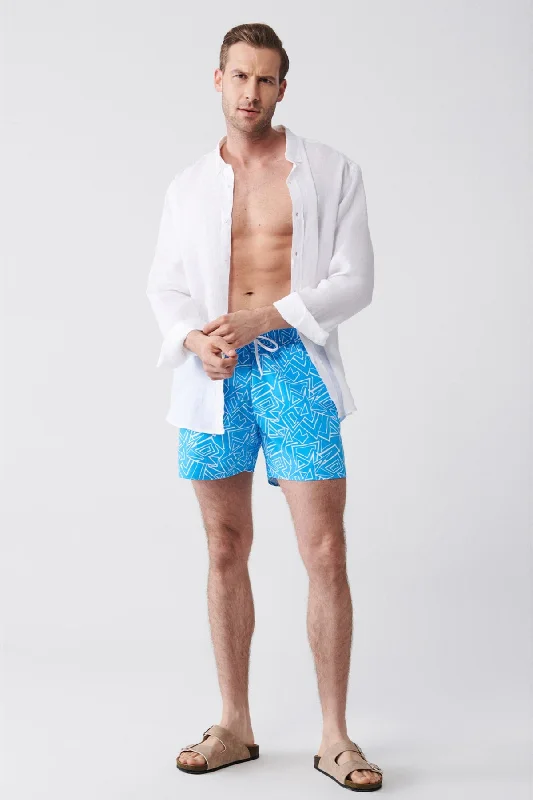 Men's Turquoise Quick Dry Printed Standard Size Swimwear Marine Shorts E003802