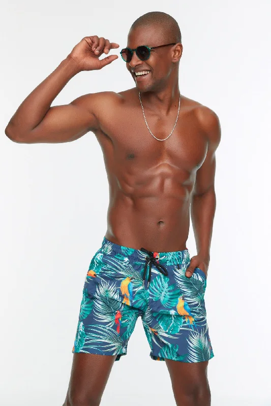 Multicolored Men's Tropical Printed Standard Swimwear Marine Shorts